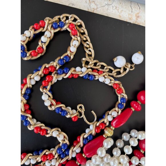 Vintage Multi-Strand Beaded Necklaces Set - Red White & Blue Faux Pearl & Gold-T - Picture 9 of 10